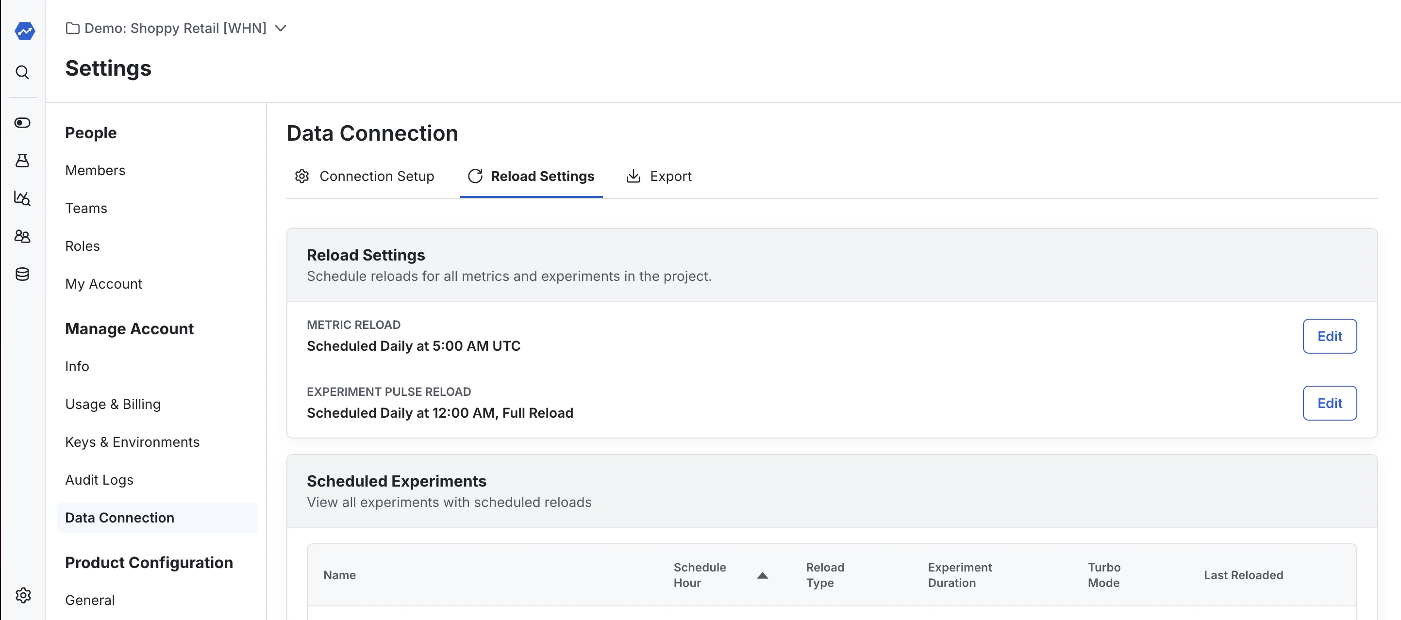 Project-level scheduled reload settings interface