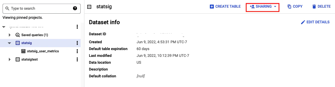BigQuery dataset permissions interface