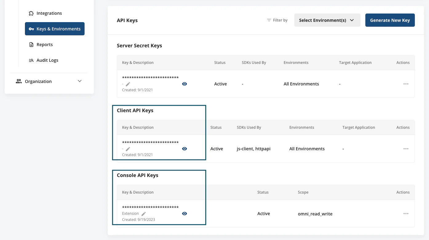 Statsig console Keys & Environments panel showing API keys