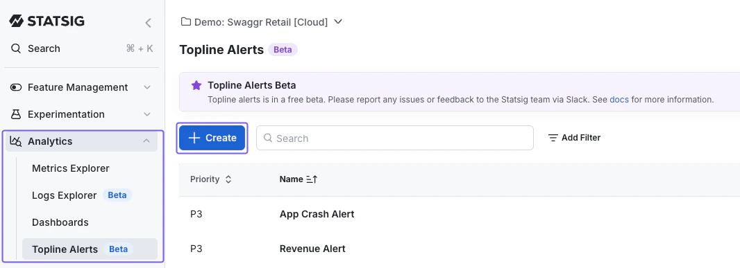 Alert setup step 1