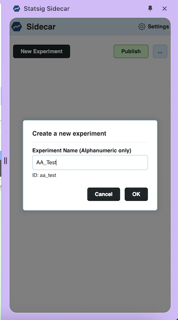 Sidecar A/A test experiment setup interface
