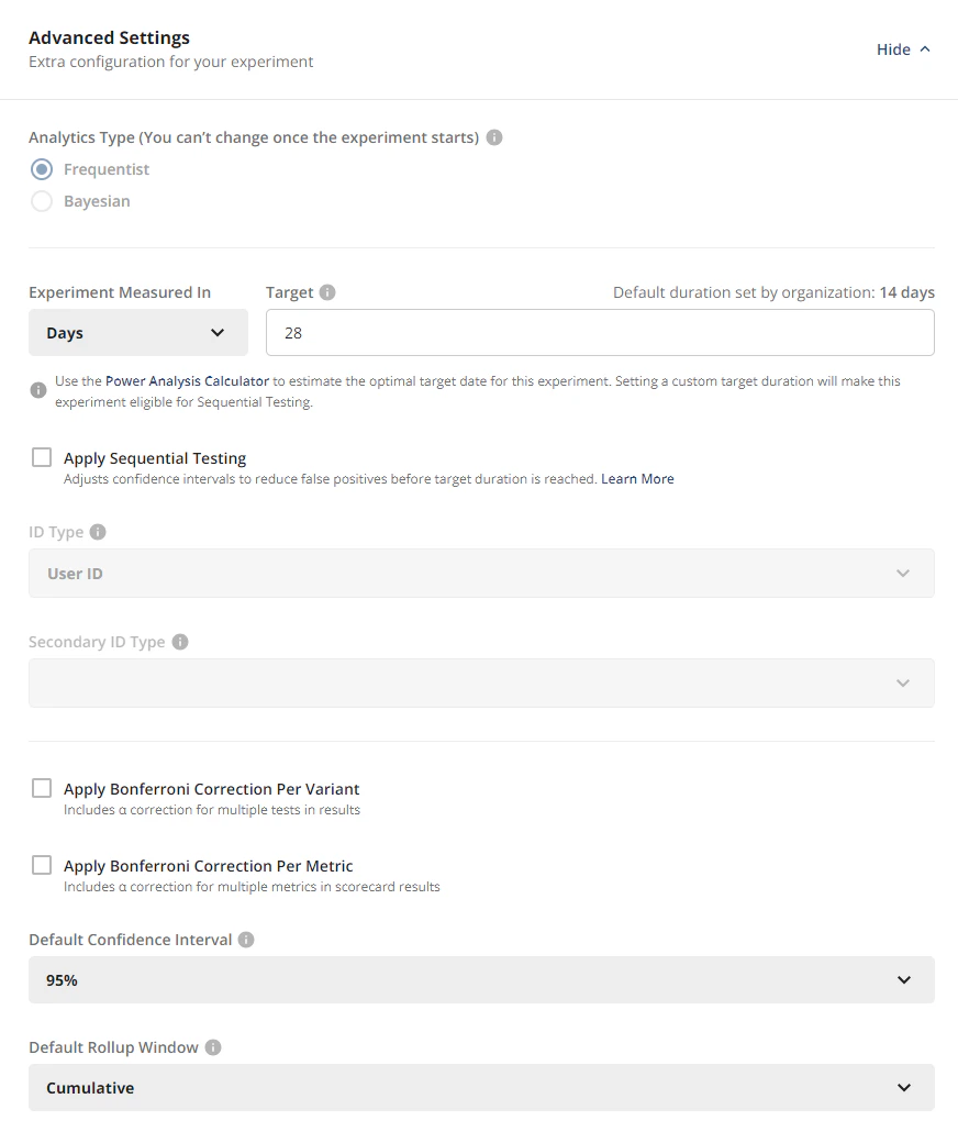 Bonferroni correction configuration interface