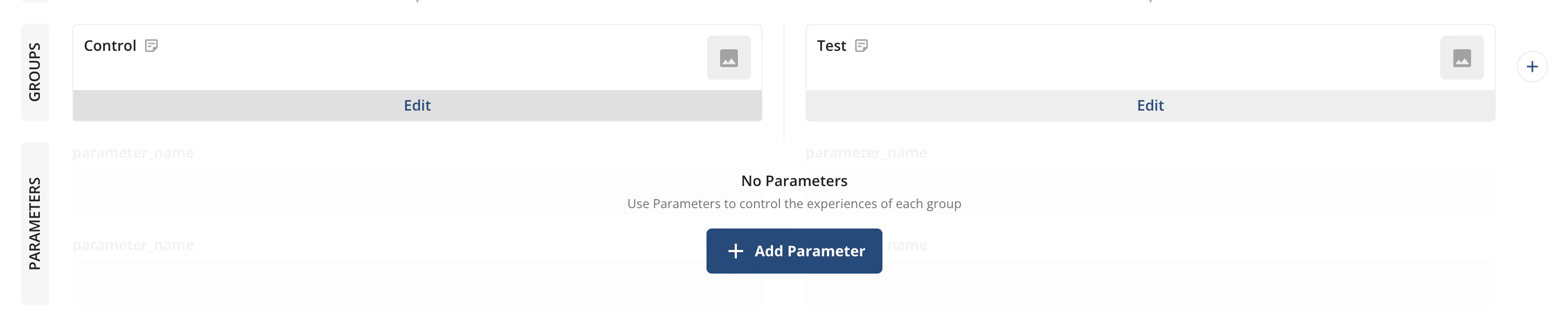 Experiment groups and parameters configuration interface