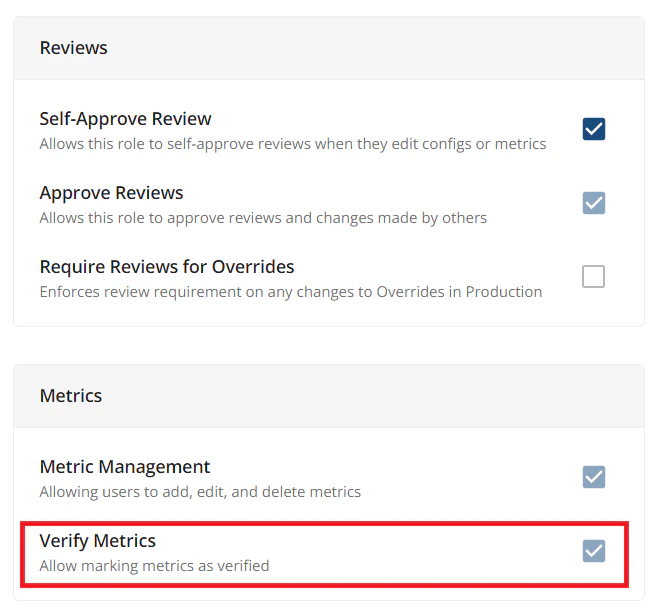 Admin role permissions for metric verification