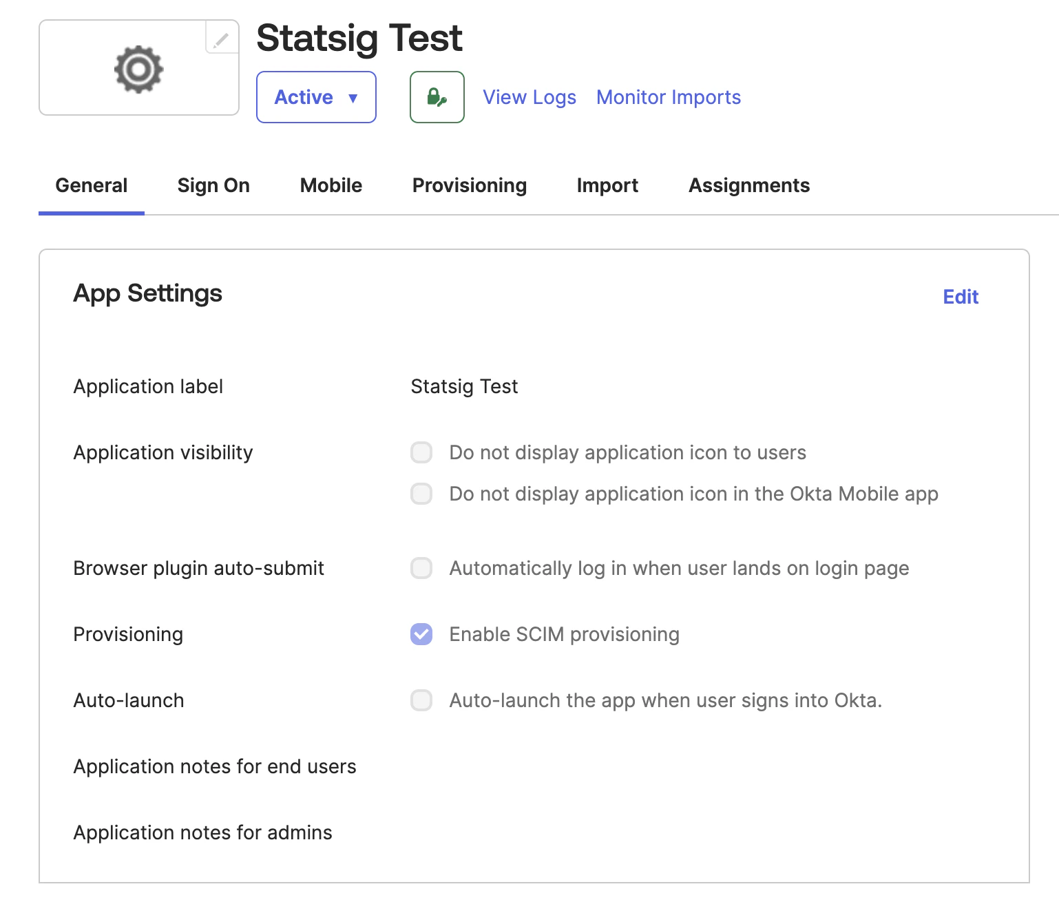 Okta application general tab highlighting provisioning section and SCIM toggle