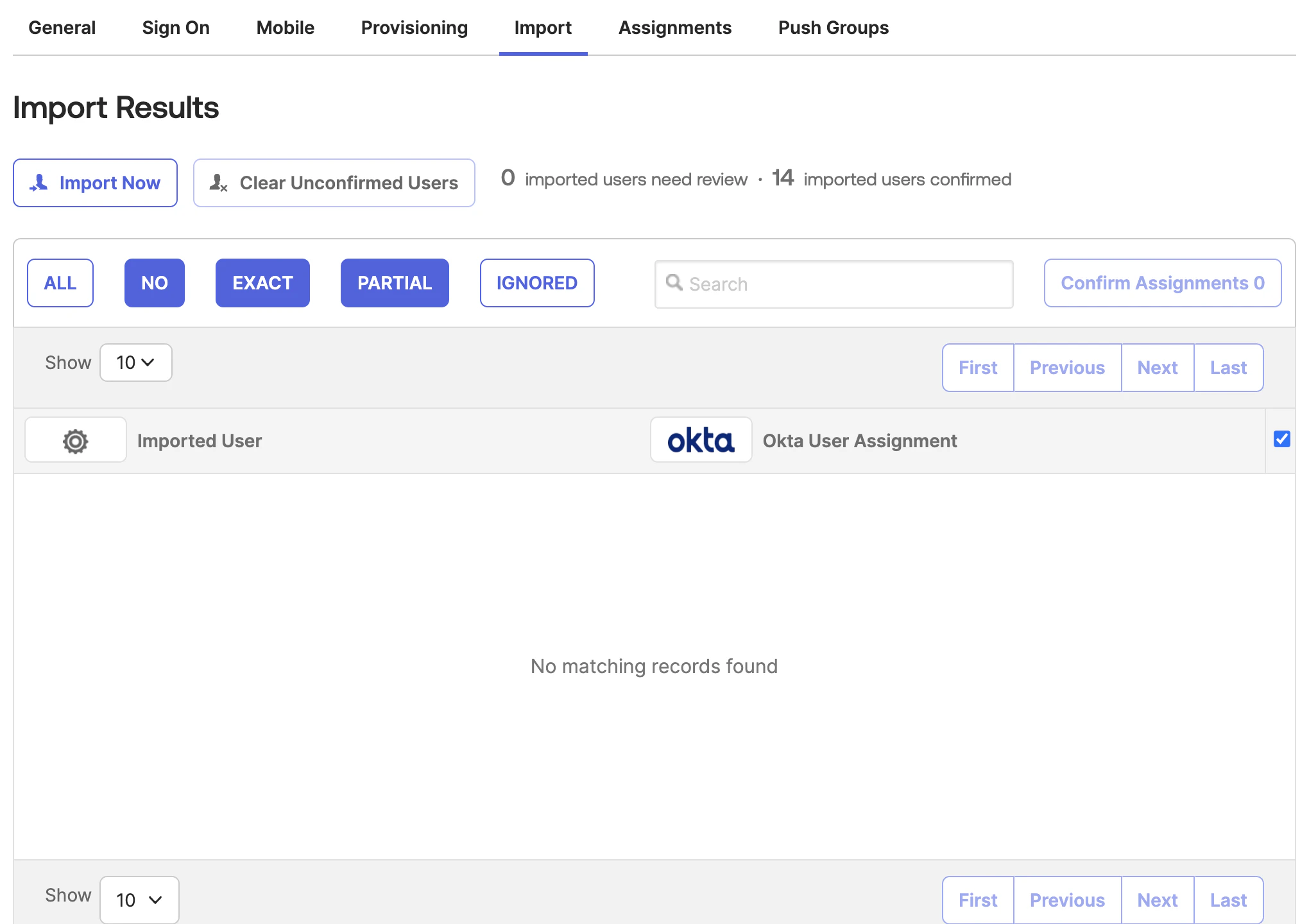 Okta Import tab with Import Now button for Statsig users and groups