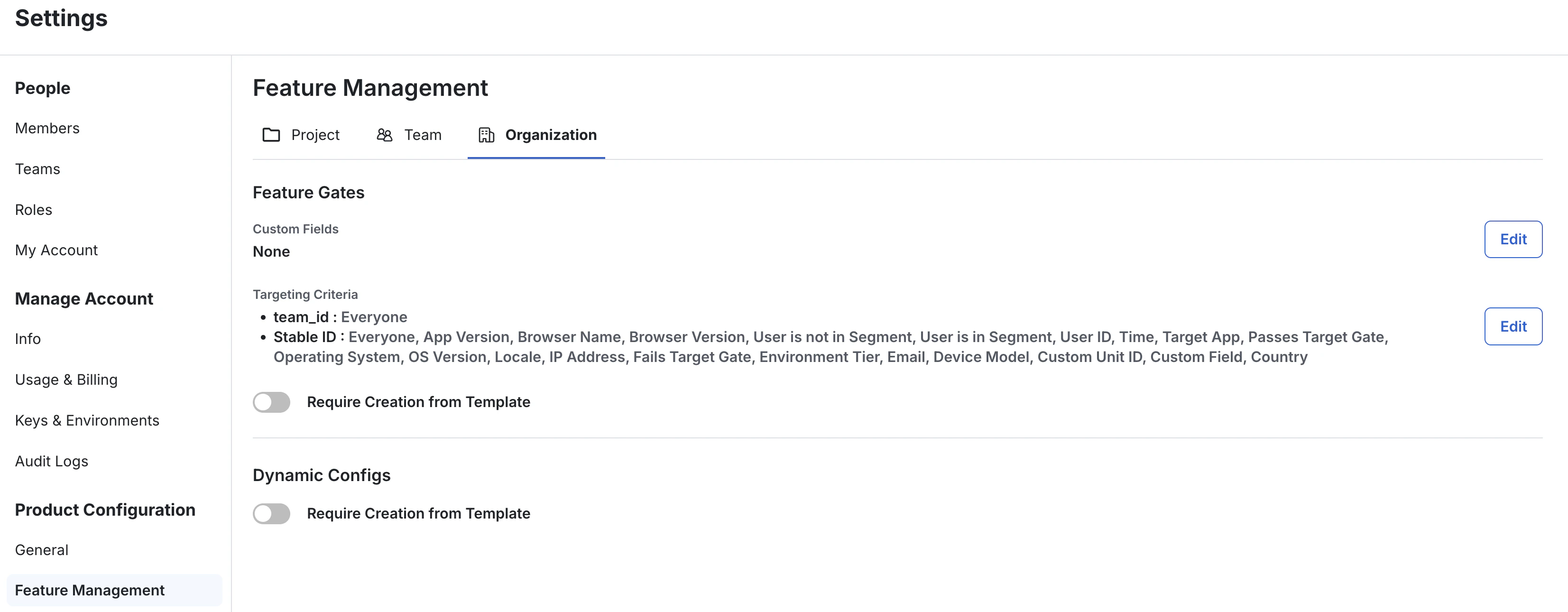 Product Configuration settings highlighting Feature Management organization policies