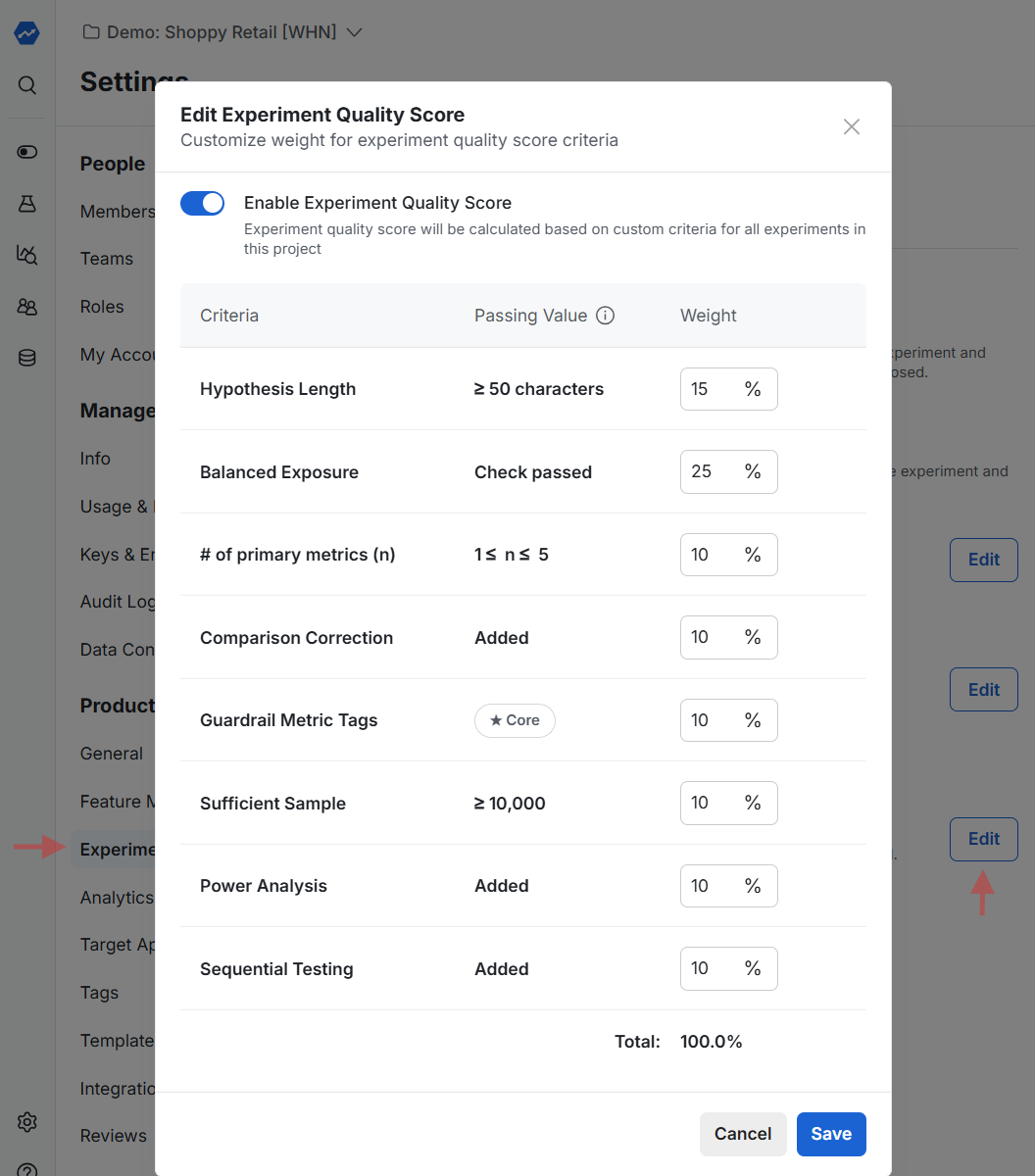 Experiment quality score configuration interface