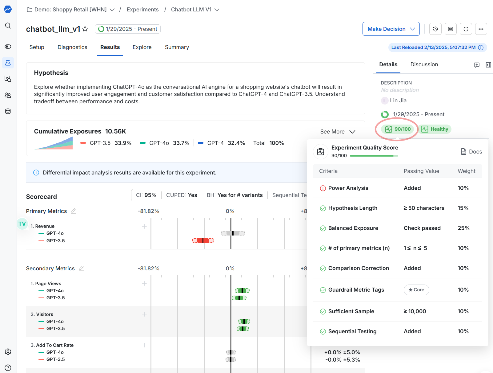 Experiment quality score display with color-coded status
