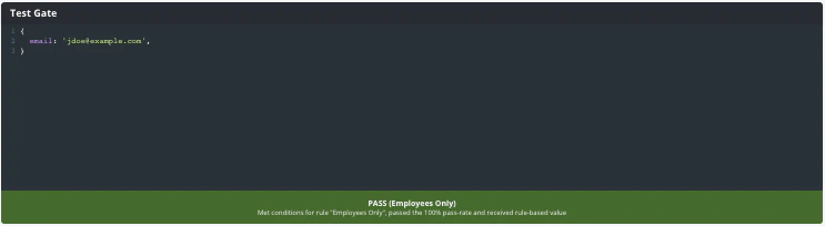 Test Gate showing PASS result for email validation