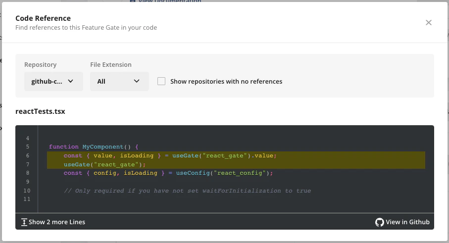 Code references panel listing repositories and files