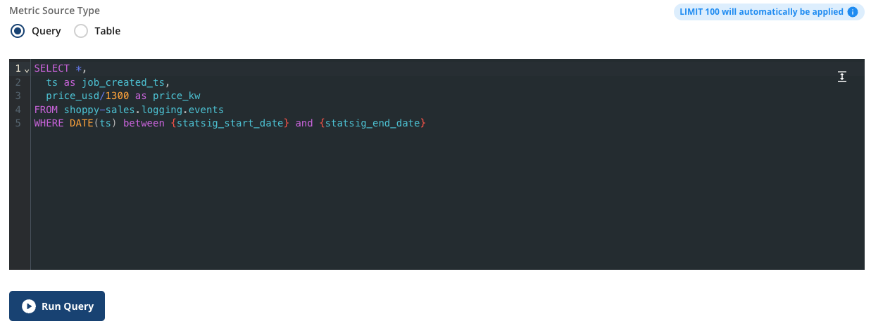 Query-based metric source configuration