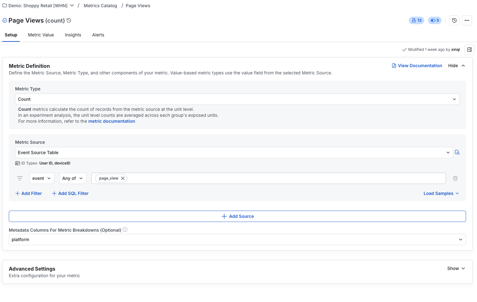 Metric creation flow with aggregation and filters