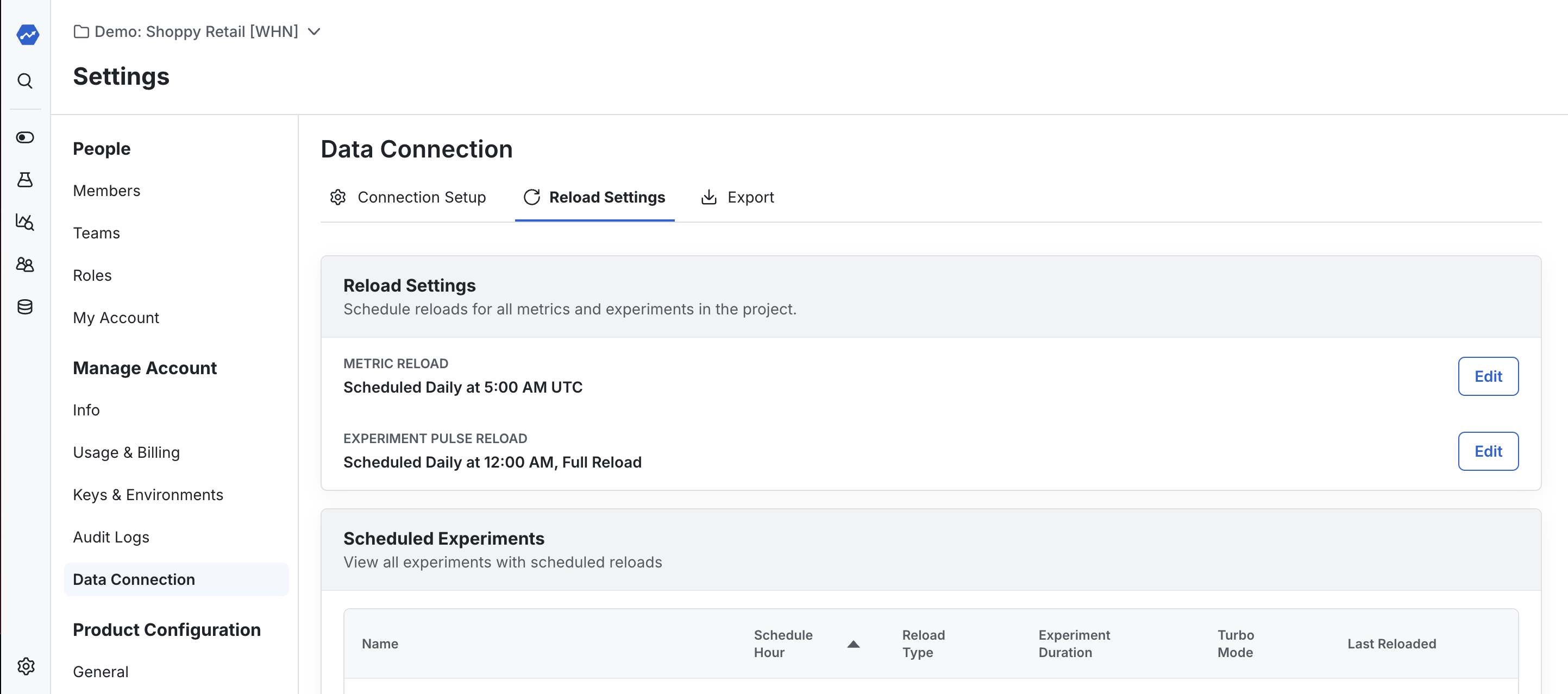 Project-level scheduled reload settings interface