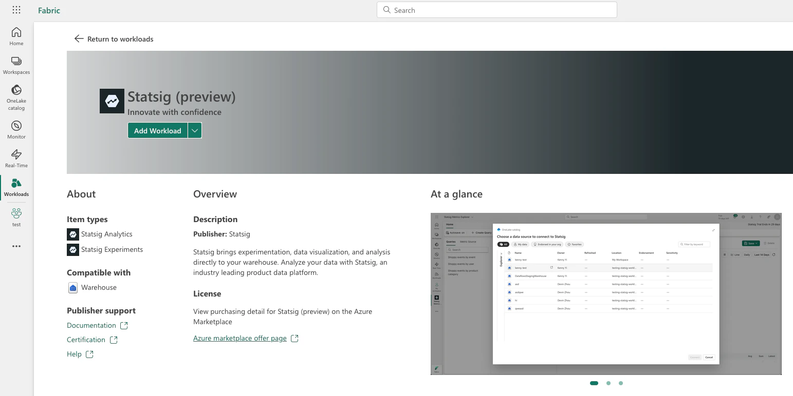 Fabric workload hub interface showing Add Workload button