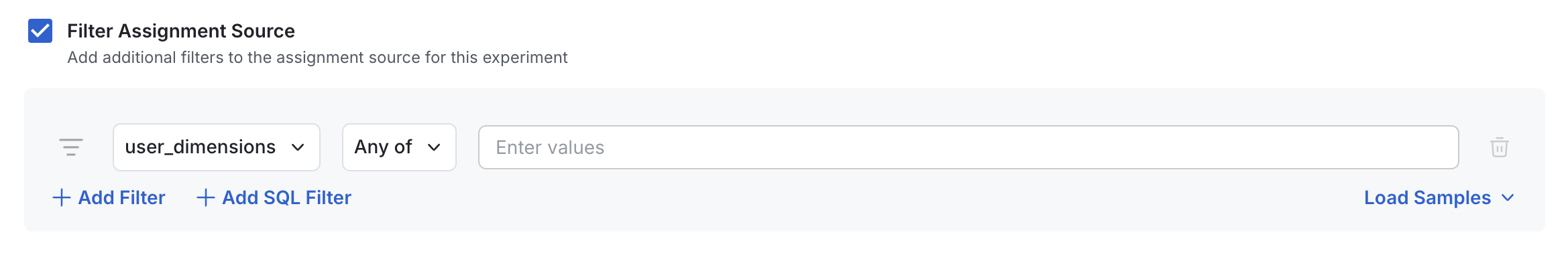 Assignment source filter selection UI