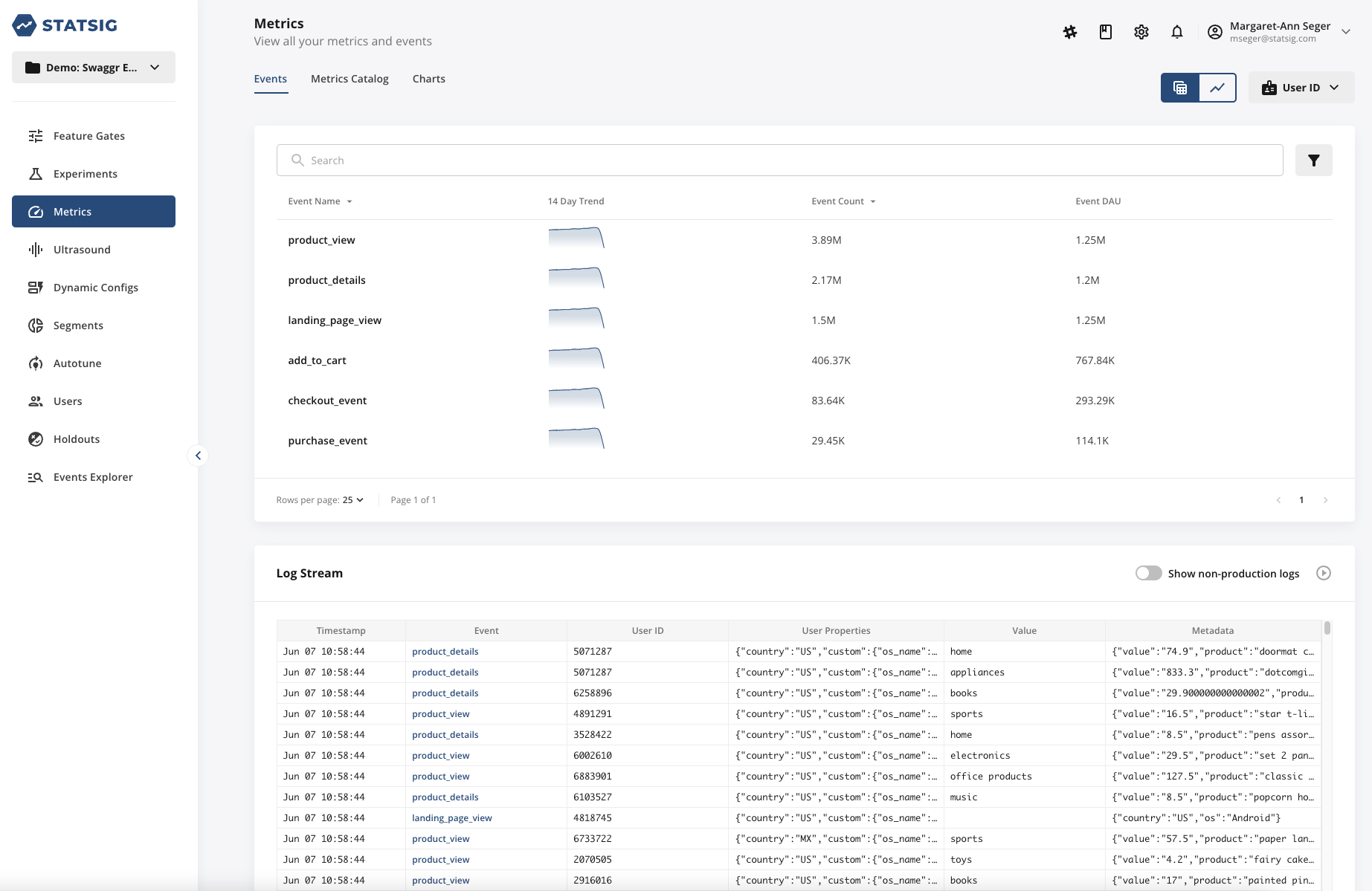 Events tab list view showing recent custom events