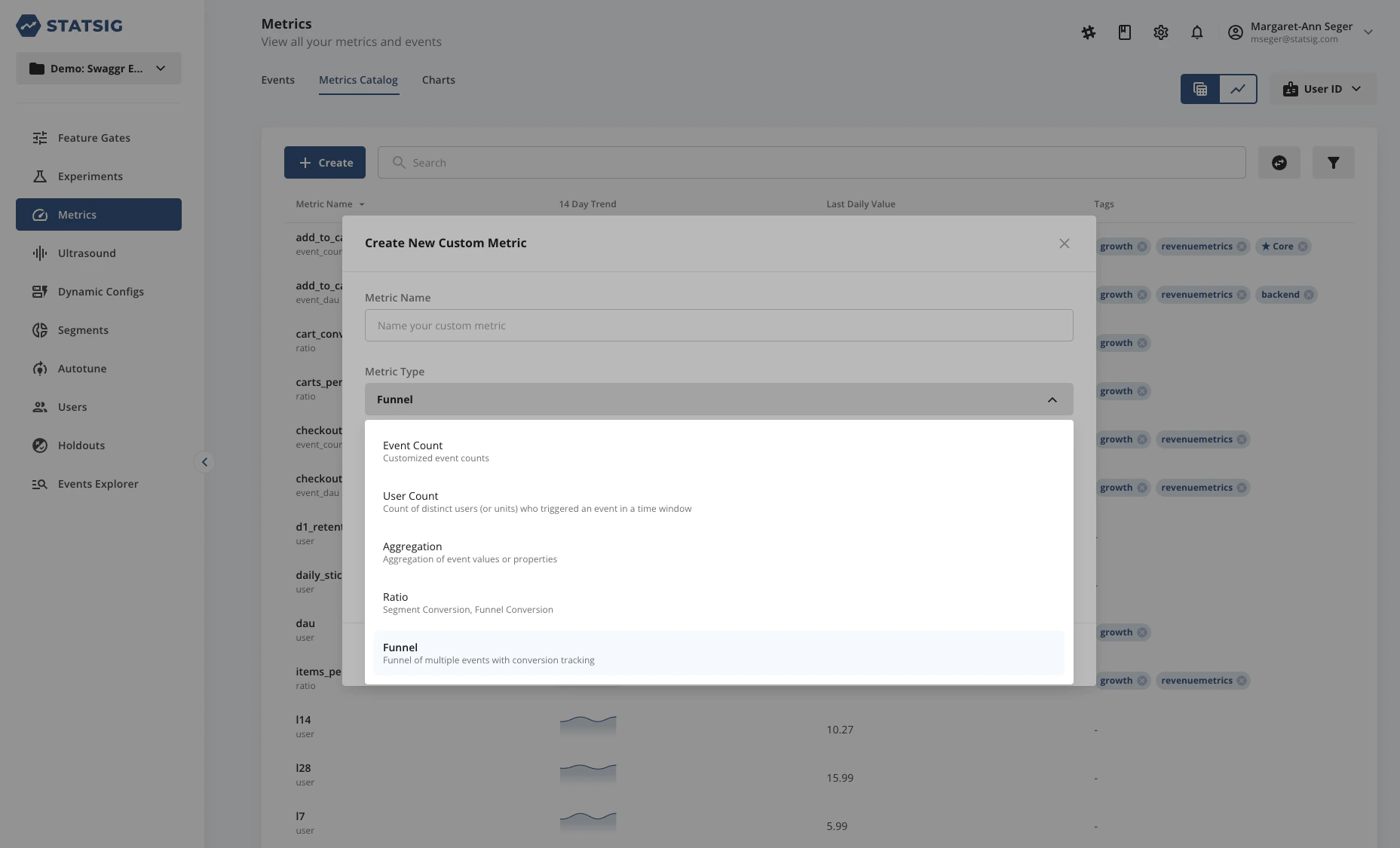 Funnel metric creation interface
