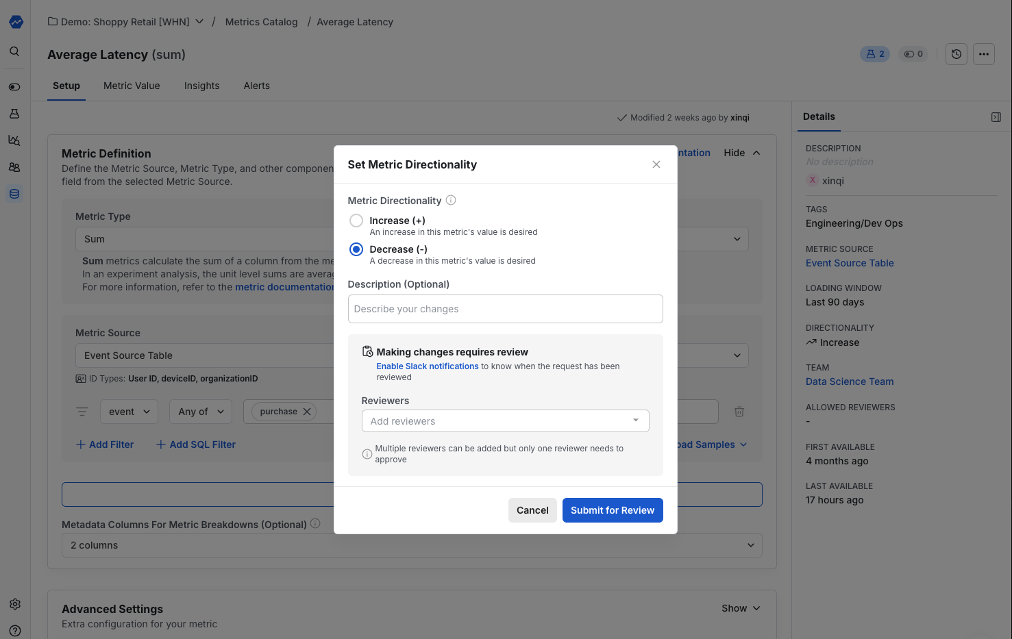 Metric directionality configuration interface