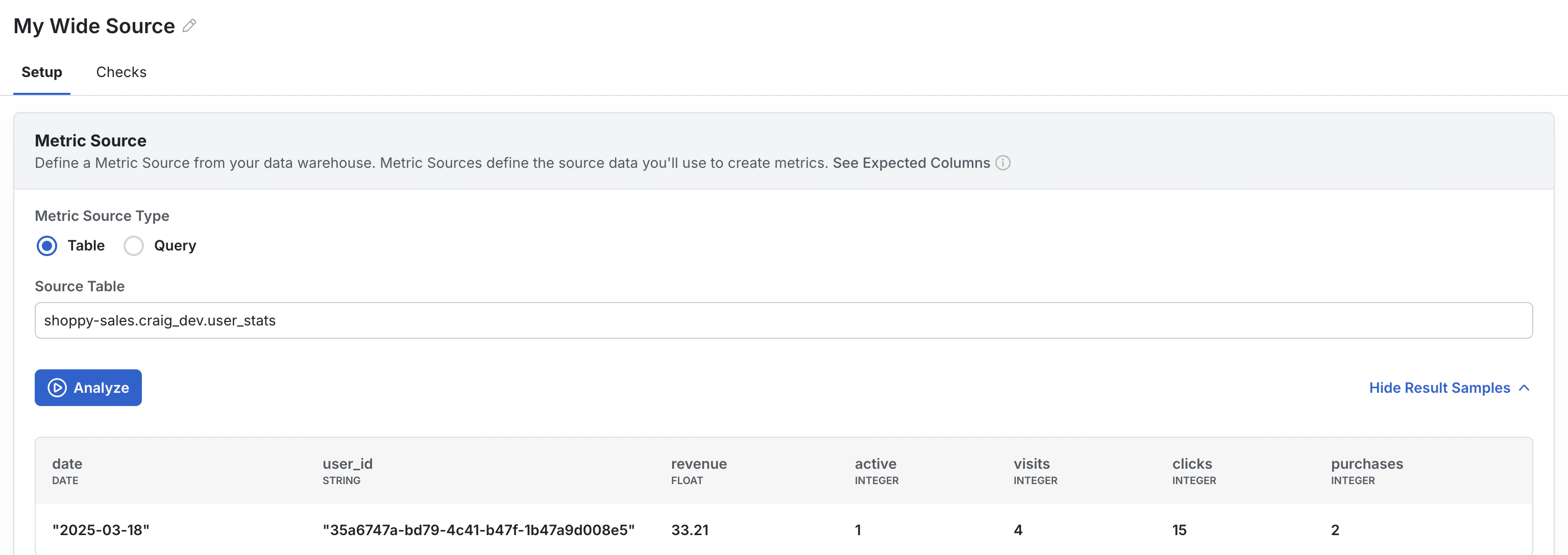 Metric source setup specifying table path and date partition