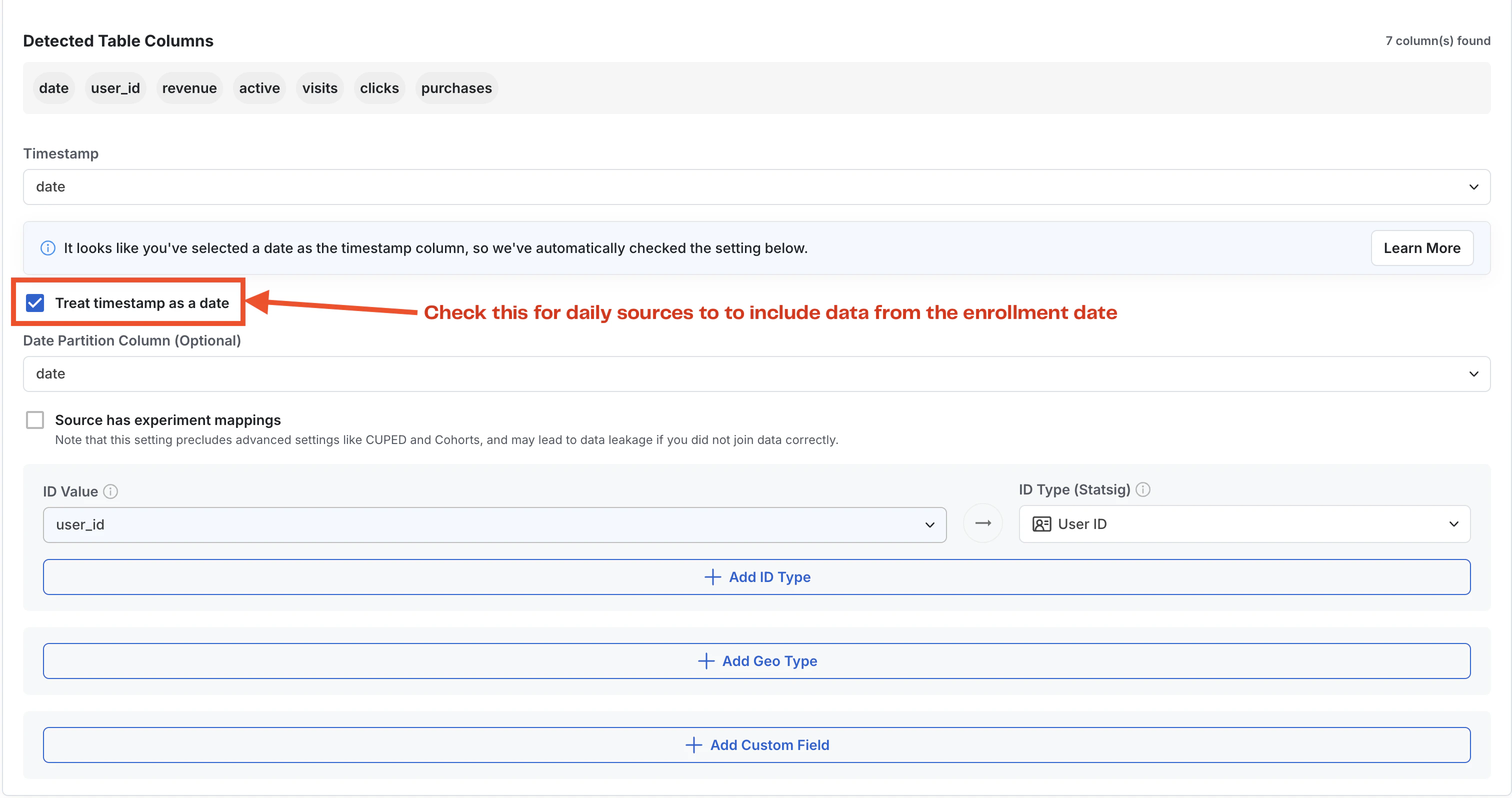 Timestamp and ID type configuration with revenue alias