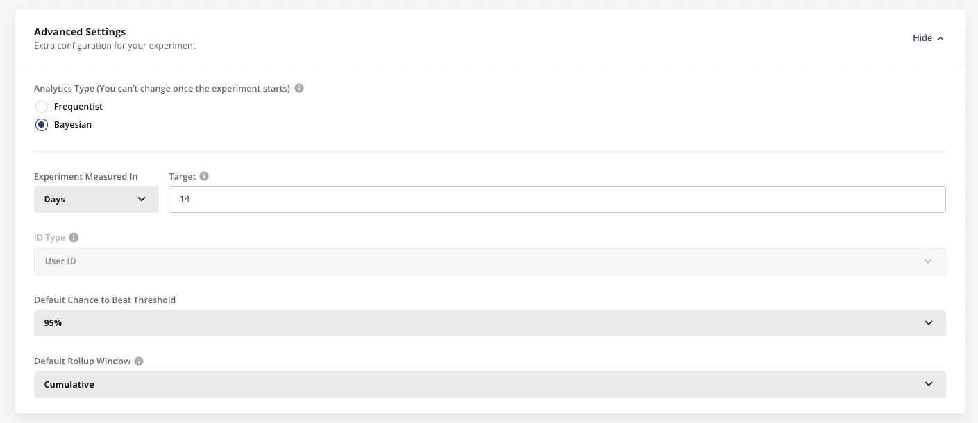Bayesian experiment configuration interface