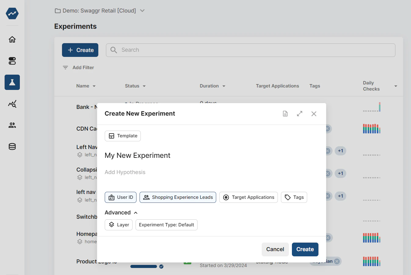 Experiment creation modal interface