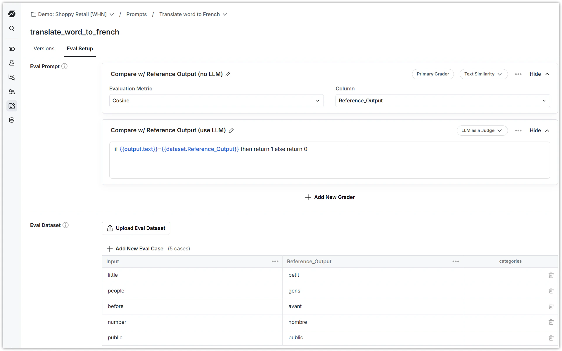 Grader configuration form comparing model output against reference answers