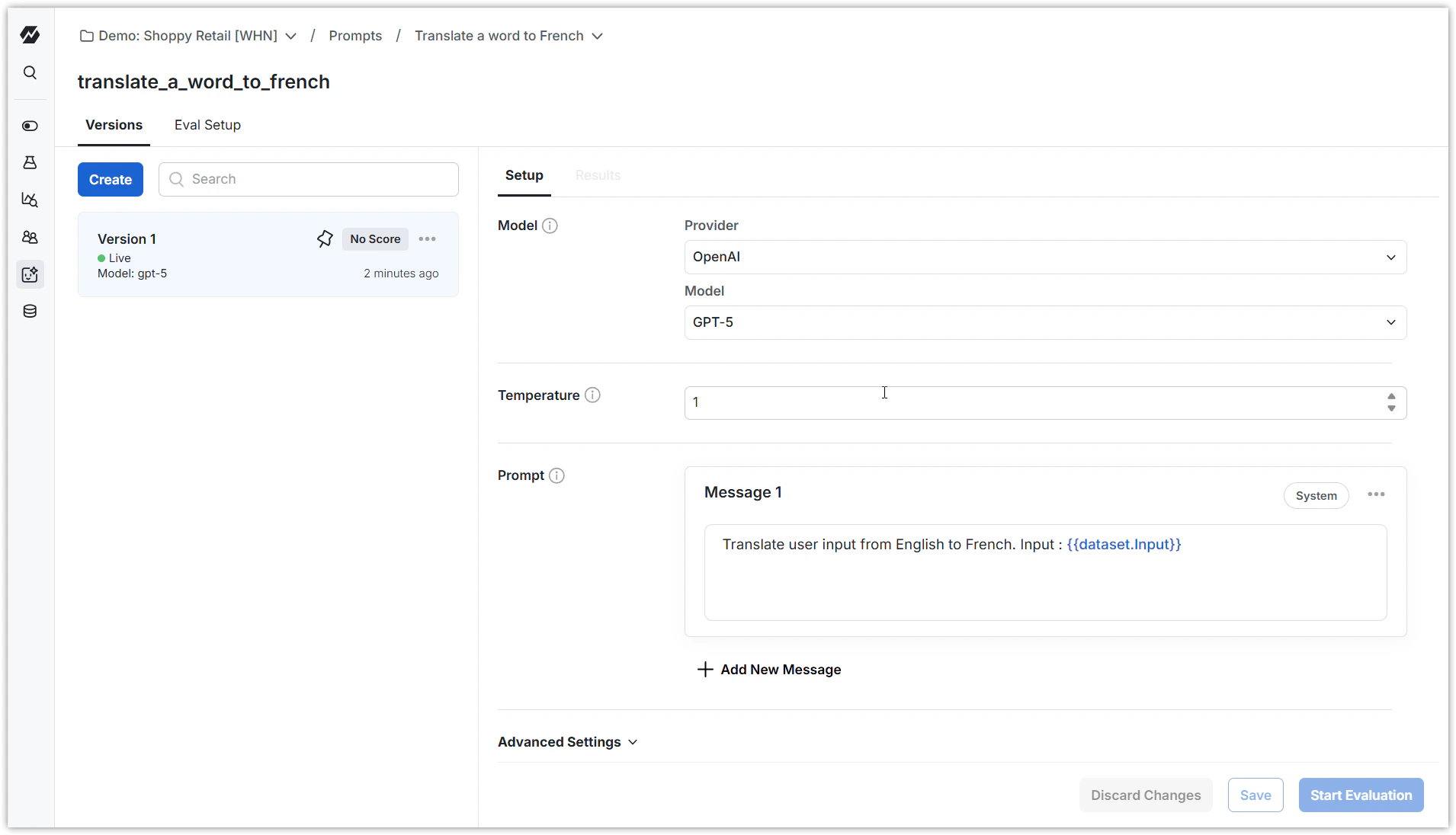 Statsig prompt editor listing live and candidate versions with messages
