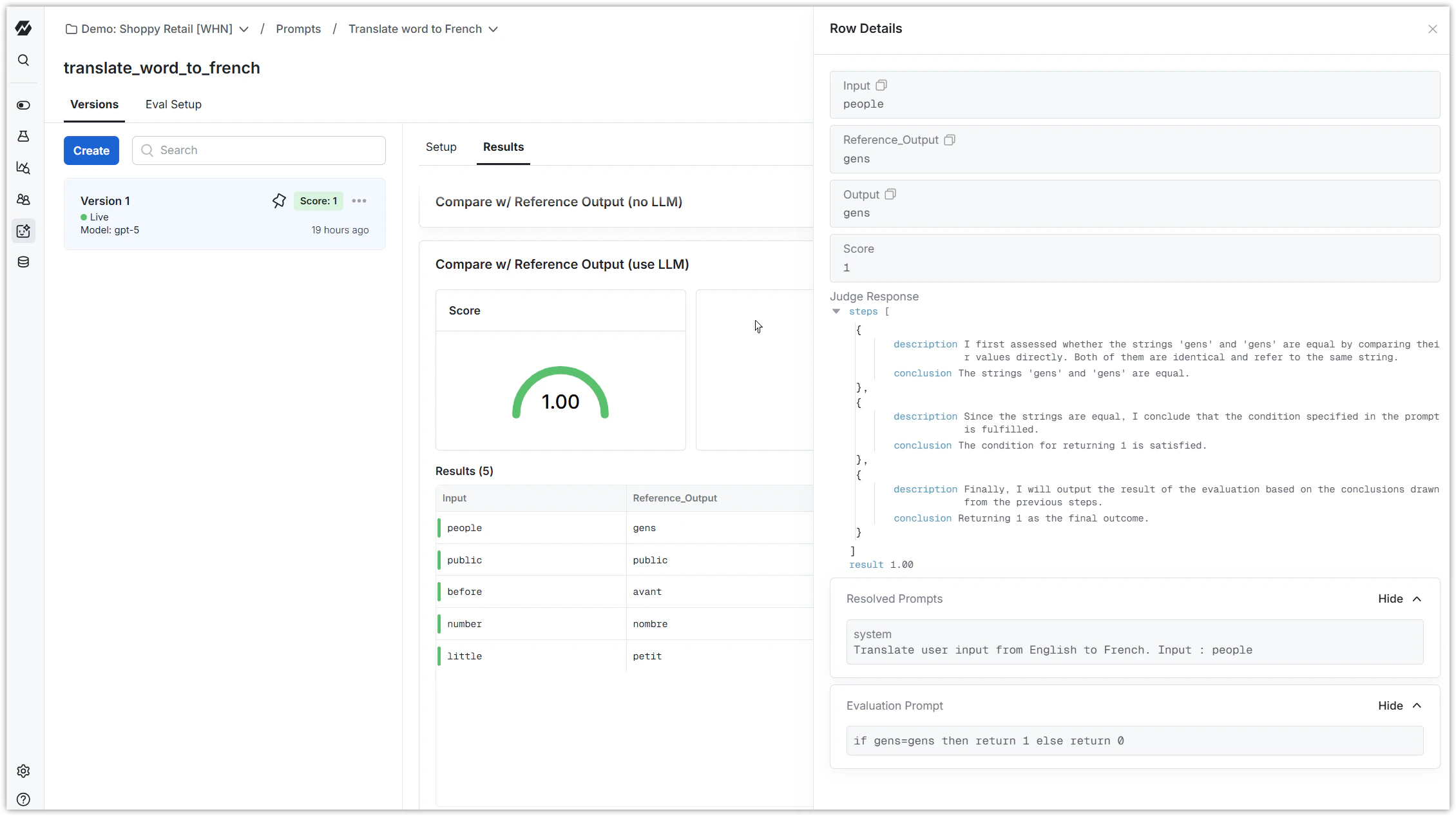 Offline evaluation results table showing prompt version scores