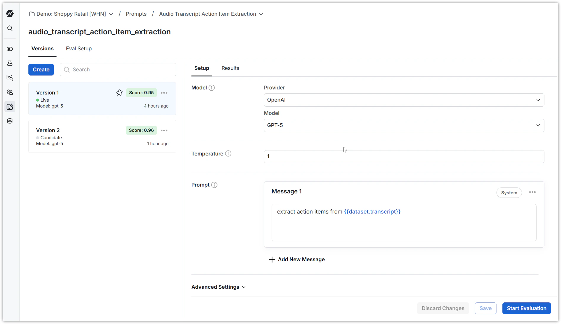 Prompt creation screen showing model selection and message list