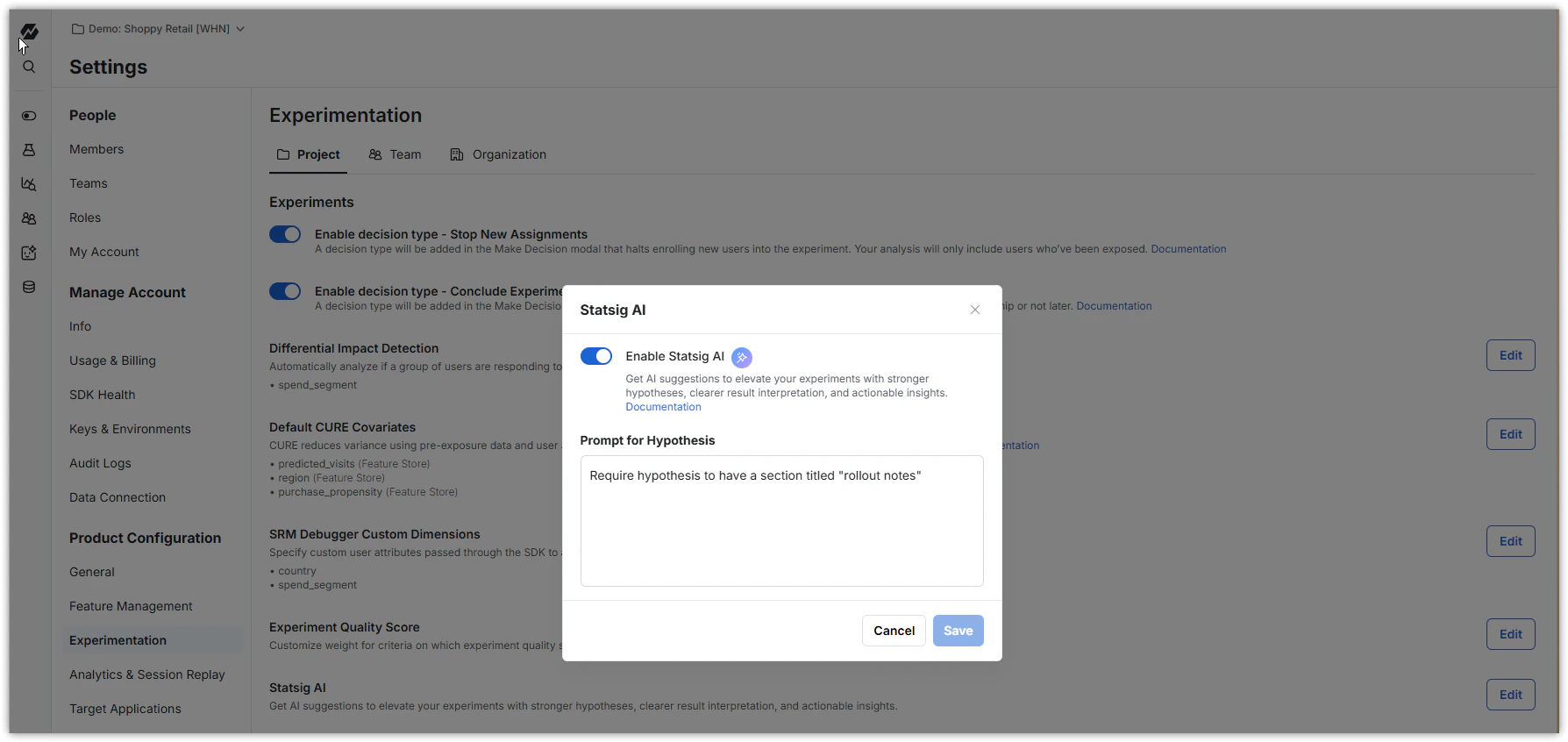 Setting showing how to enable Statsig AI