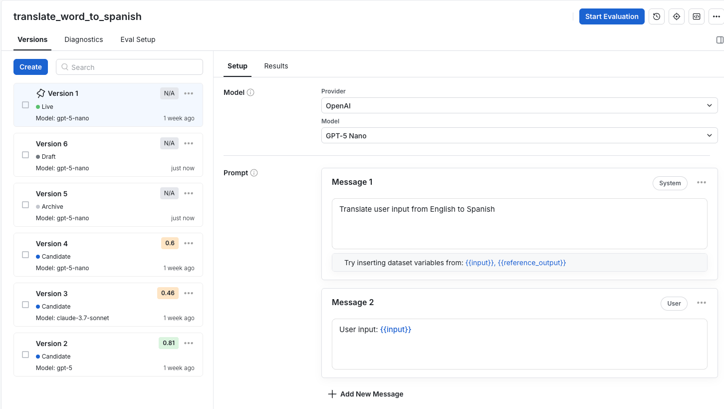Prompt versions list showing live, candidate, draft, and archived prompts with setup form