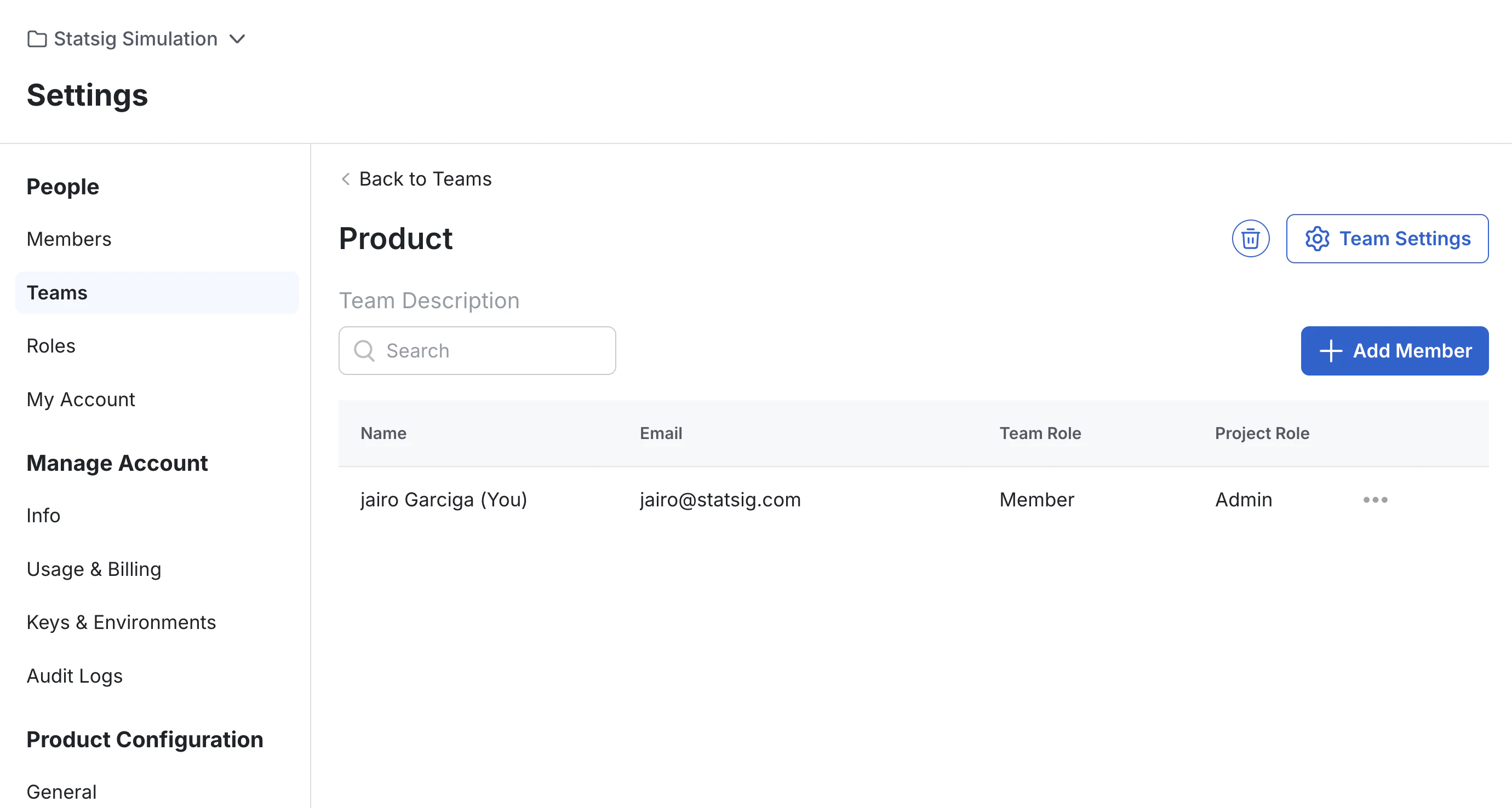 Statsig Teams page showing member list with project and team roles