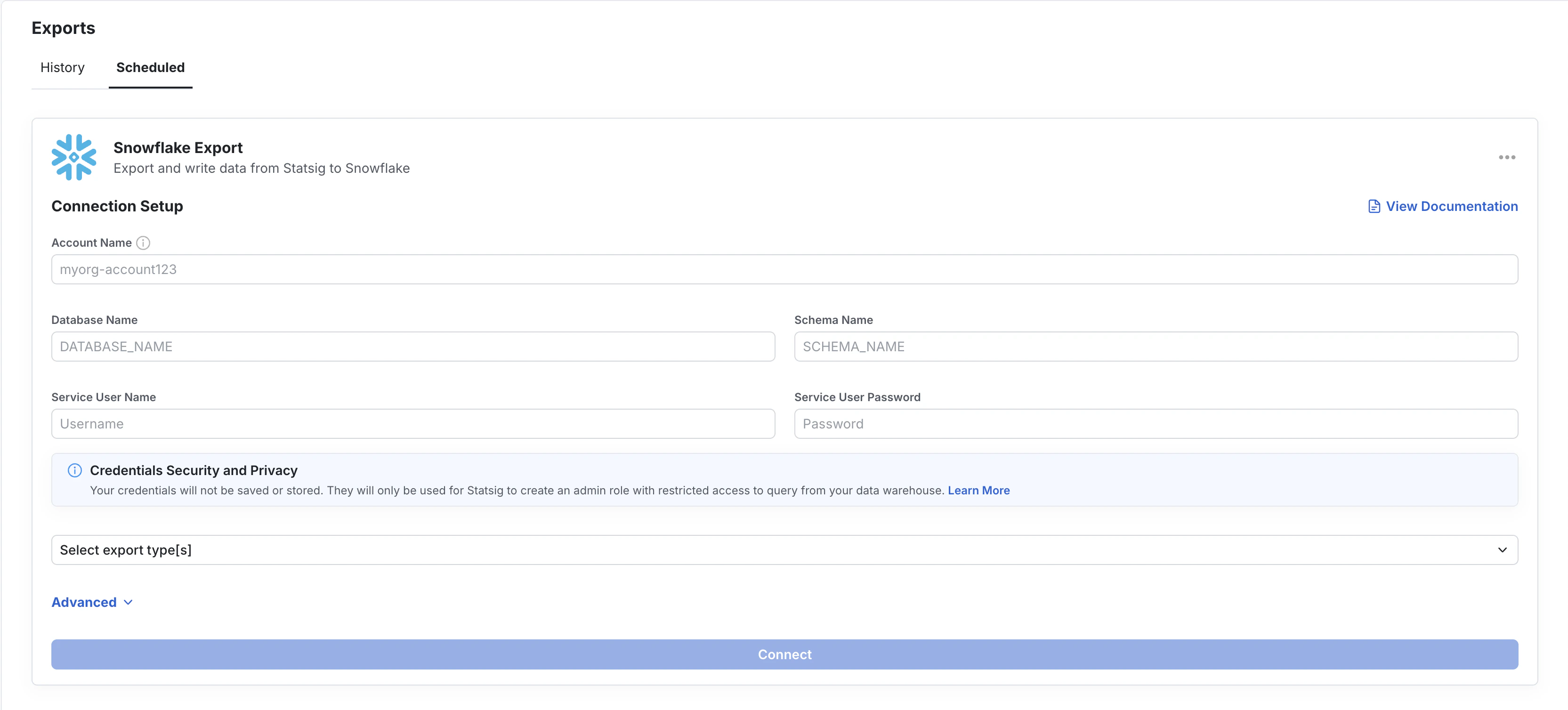 Scheduled export setup form for Snowflake connection with credential fields