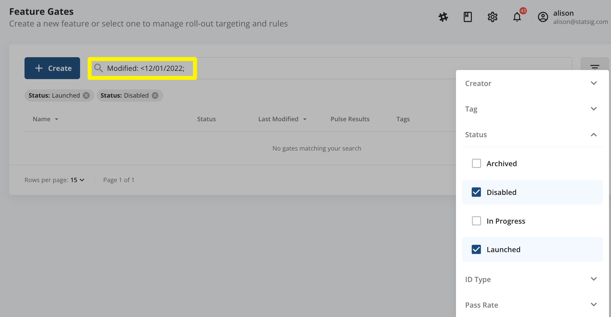 Feature gates catalog with launched and disabled filter