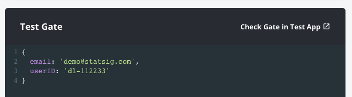 Test gate console showing user object with override result