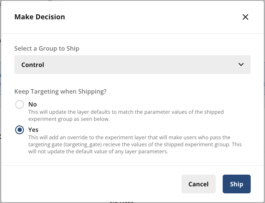 Layer override showing targeted users receiving shipped parameter while others keep default