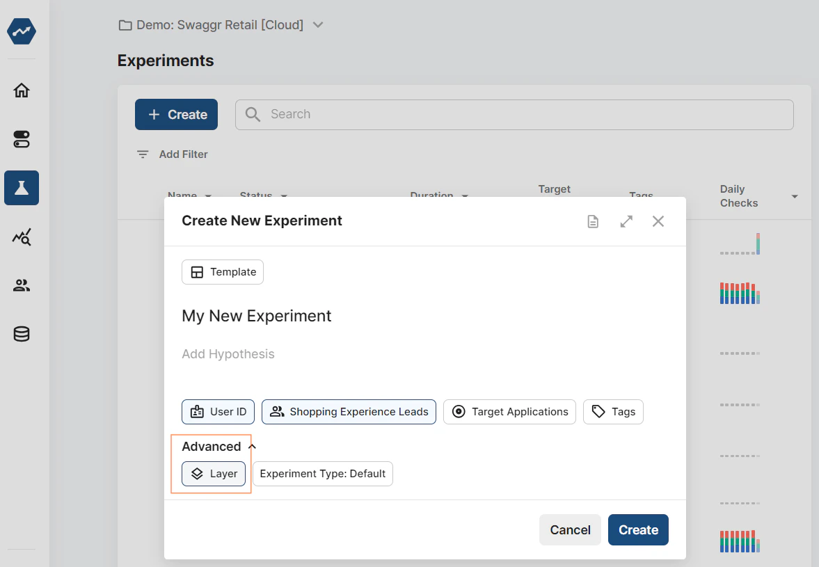 Isolated experiment layer configuration interface