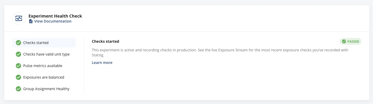 Experiment health checks showing status icons