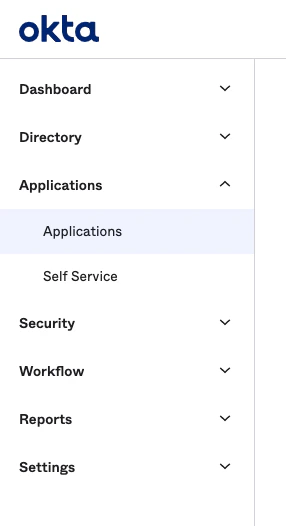Okta portal navigation highlighting Applications menu