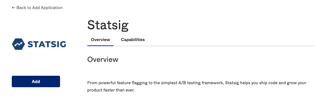 Statsig app listing within Okta catalog showing Add button