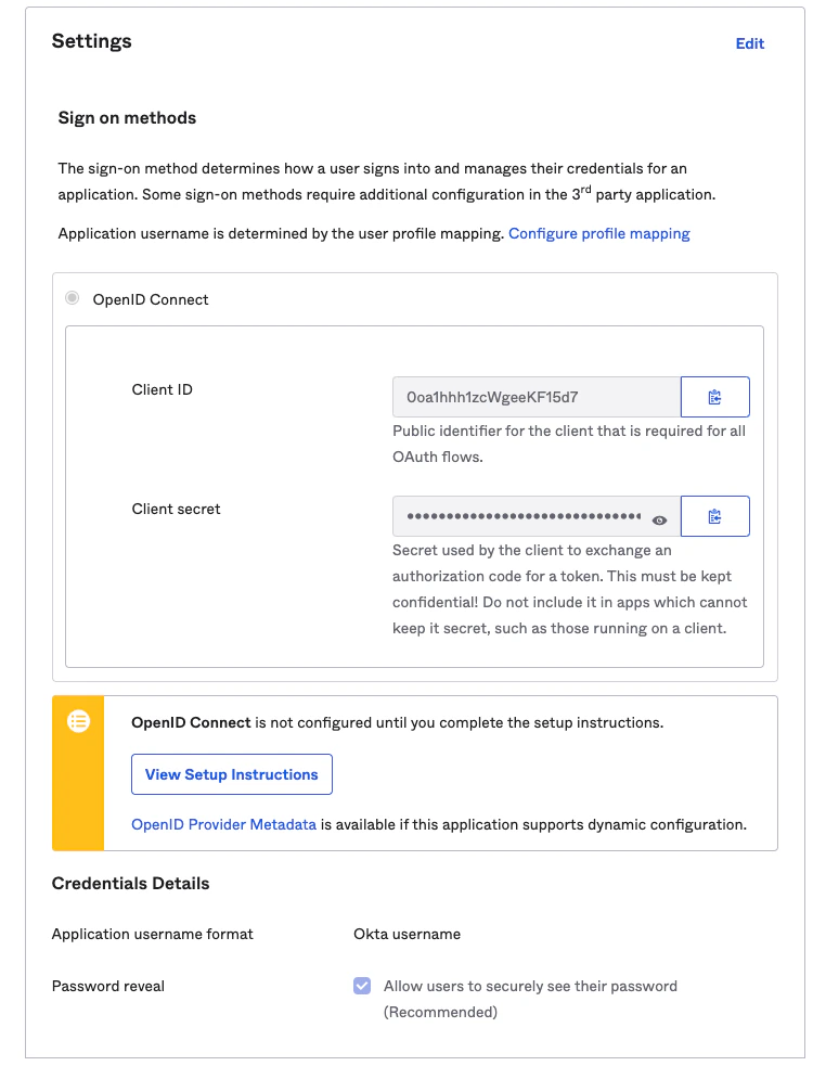 Okta Sign On tab showing Client ID and Client Secret values