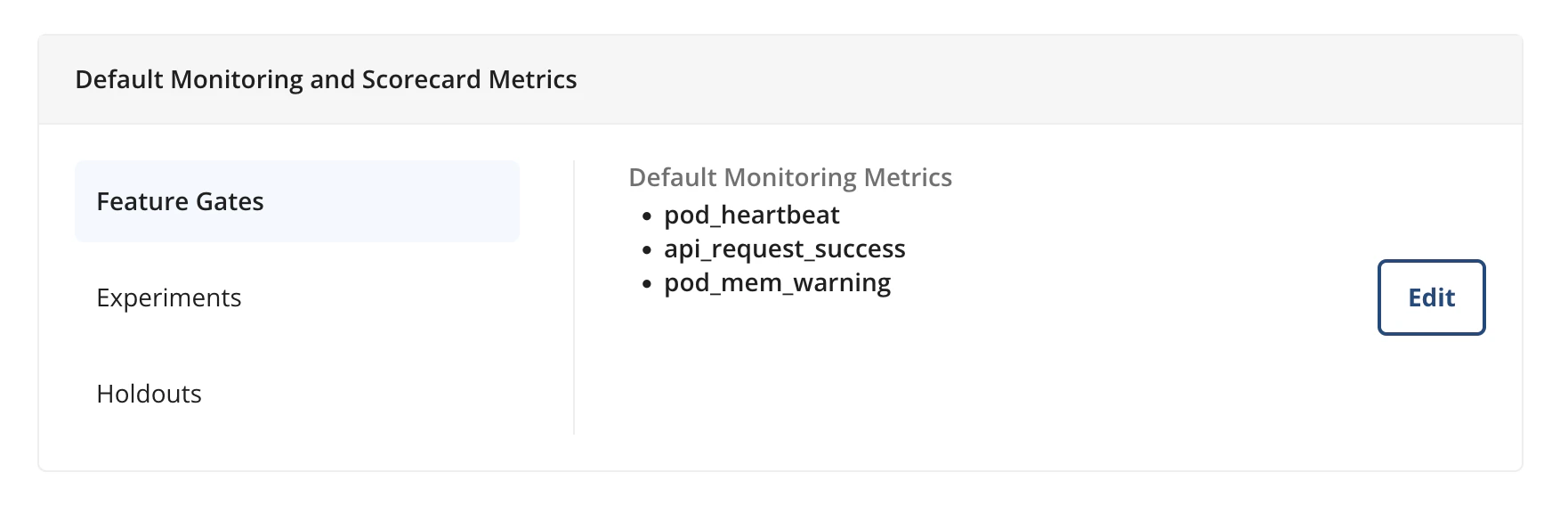 Statsig Team settings showing default monitoring metrics selection
