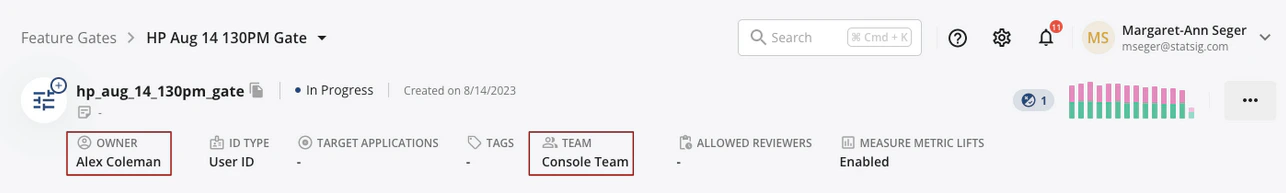 Config header showing Team field separate from Owner