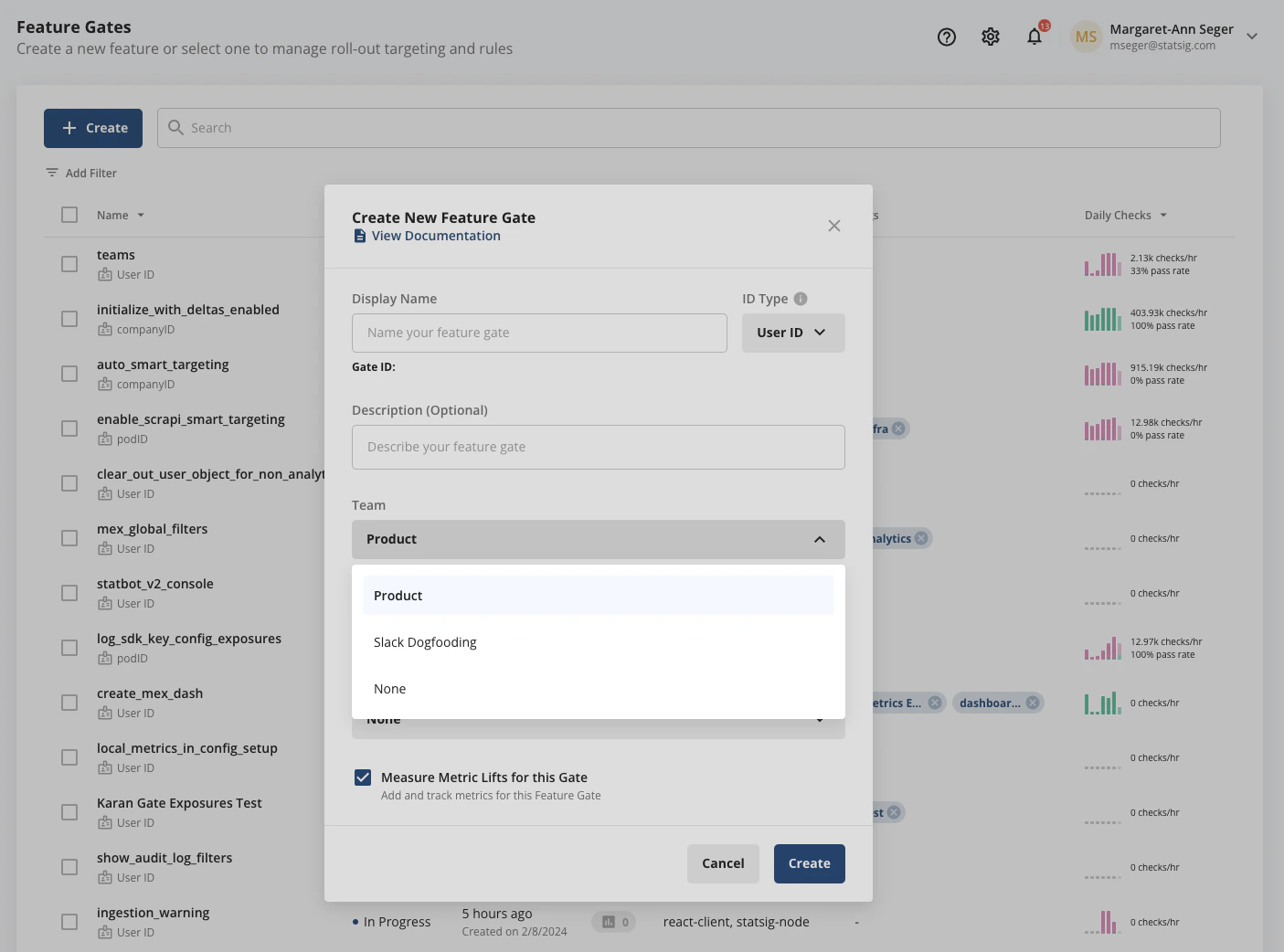 Config creation screen with team selection dropdown