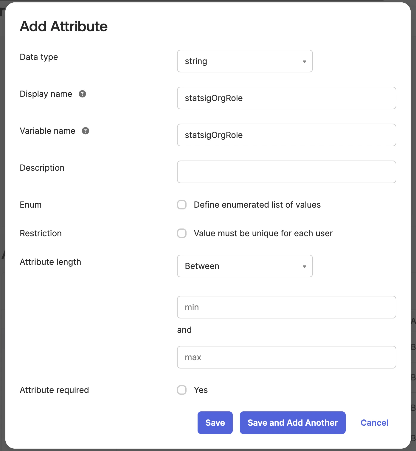 Okta profile editor showing custom statsigOrgRole attribute being added