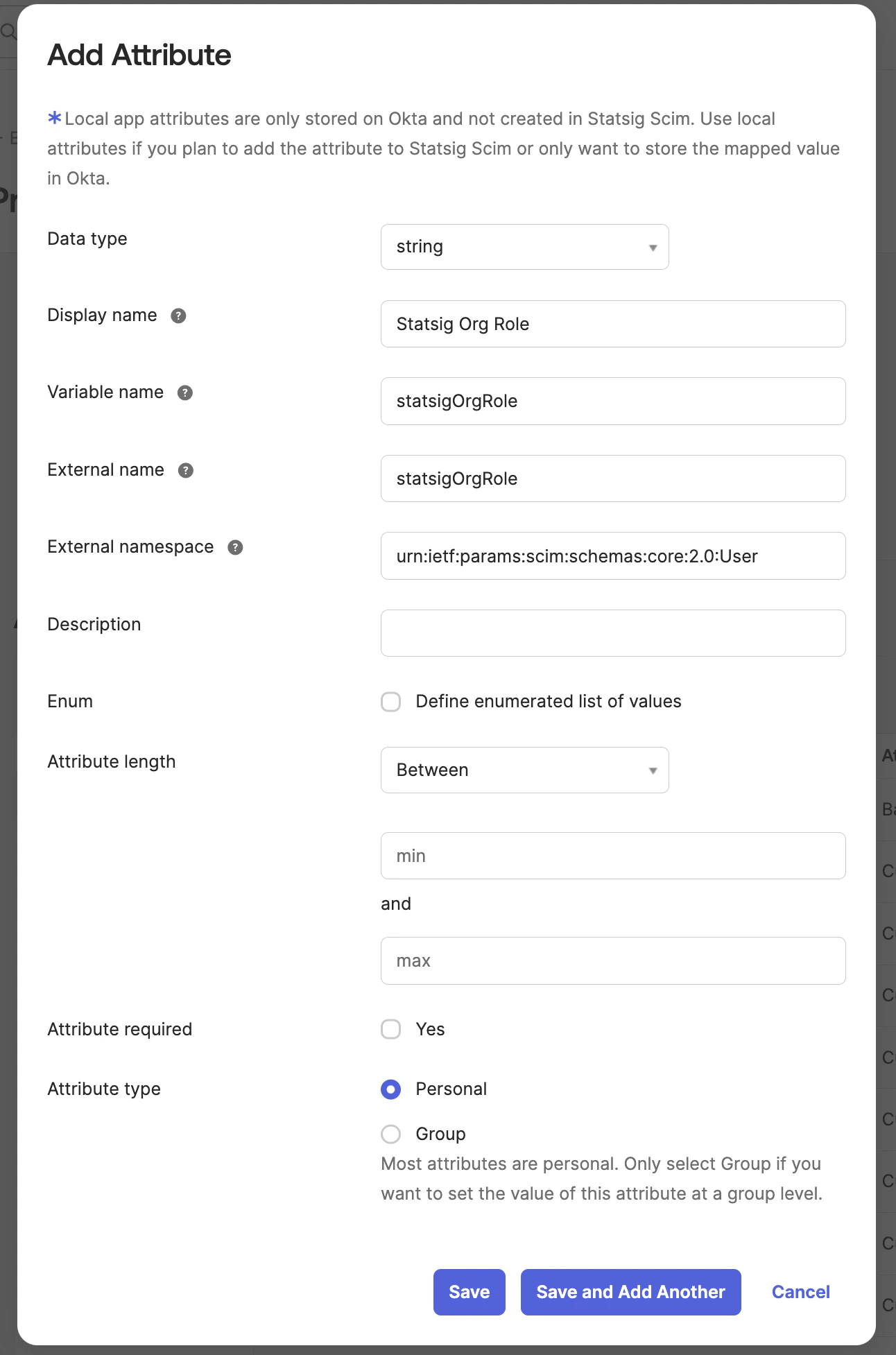 Statsig SCIM integration user profile with statsigOrgRole attribute definition