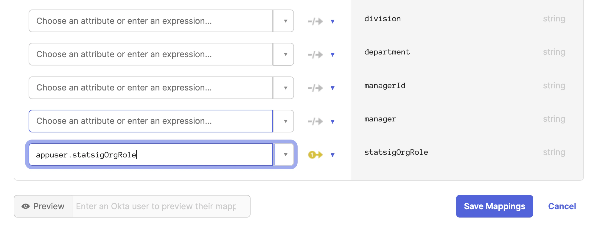 Okta mapping editor linking statsigOrgRole between Statsig and Okta profiles