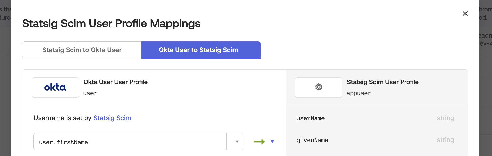 Okta to Statsig user mapping screen for statsigOrgRole attribute